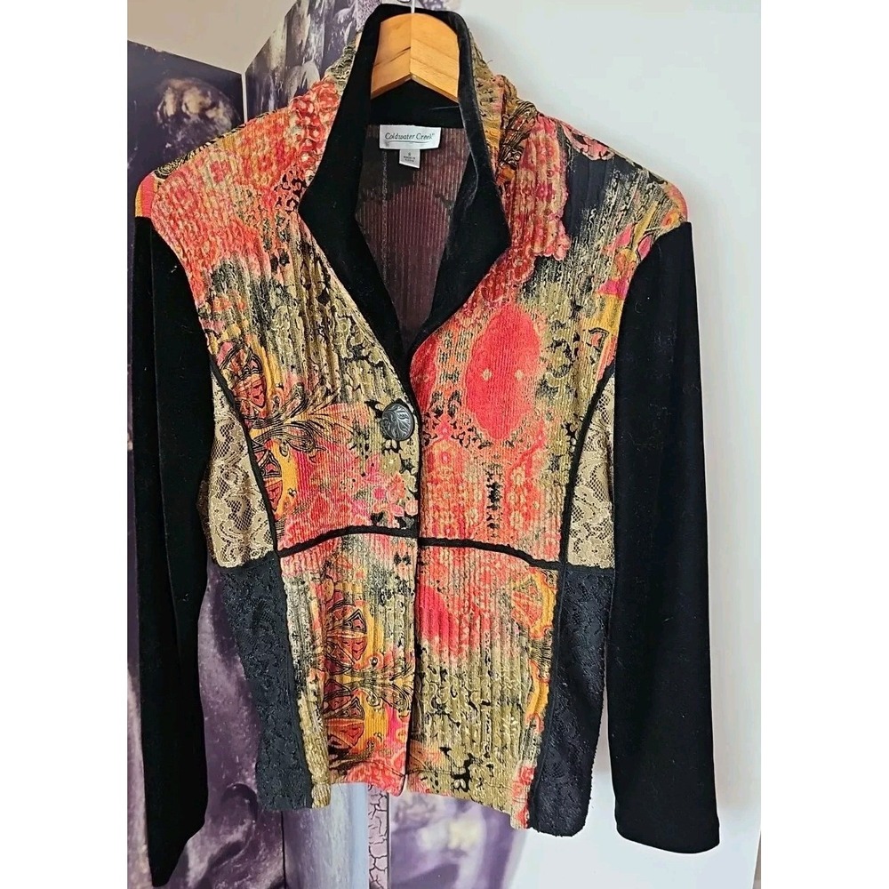 COLDWATER CREEK Women's Mixed Media‎ Velvet Trim 1 Button Jacket Topper Size S
